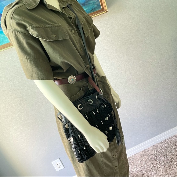 STELA 9 Leather Katari Coin Bucket Bag Black Fringe Tassels - Picture 3 of 11